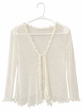 Back From Bali Cream Open Knit Shrug Cardigan Size Free Ruffle Tie Front Boho